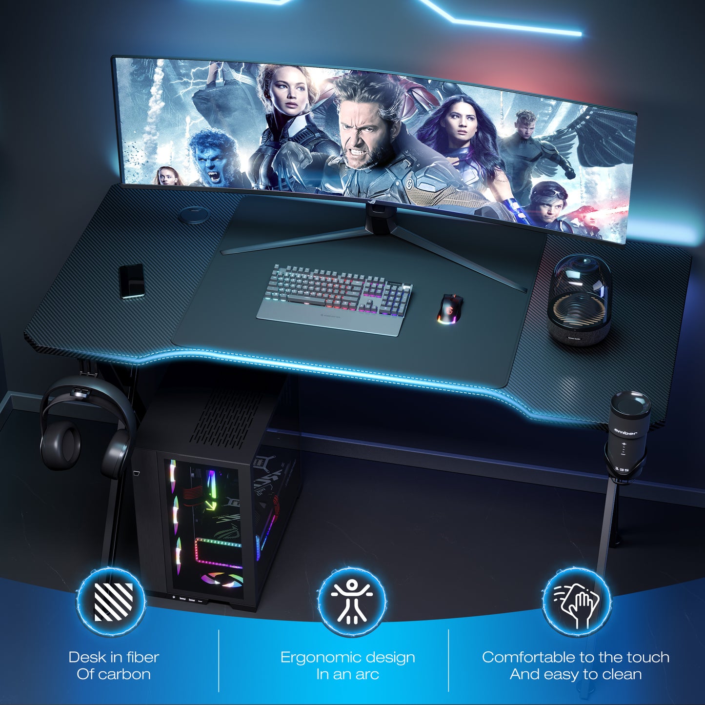 X-Shaped Carbon Fiber Gaming Desk Customise with Custom Lights