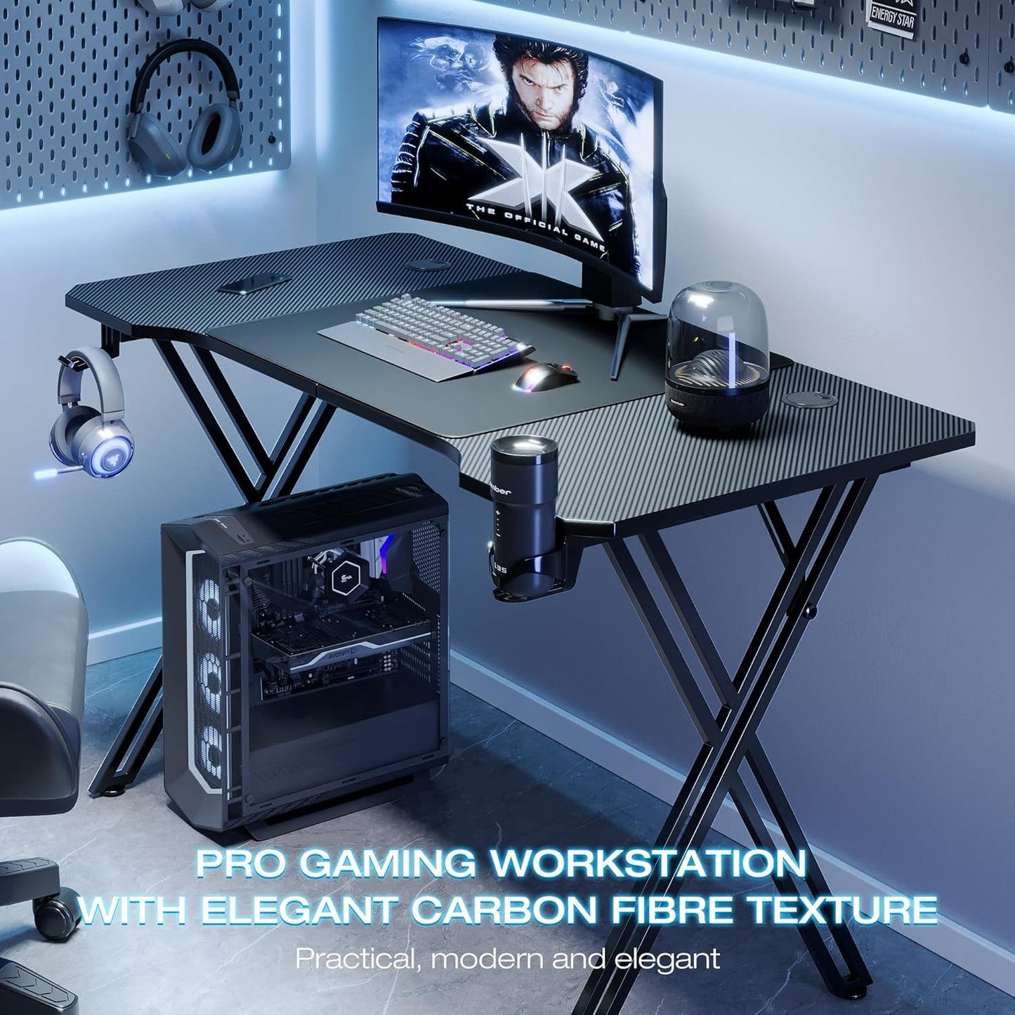 X-Shaped Carbon Fiber Gaming Desk Customise with Custom Lights