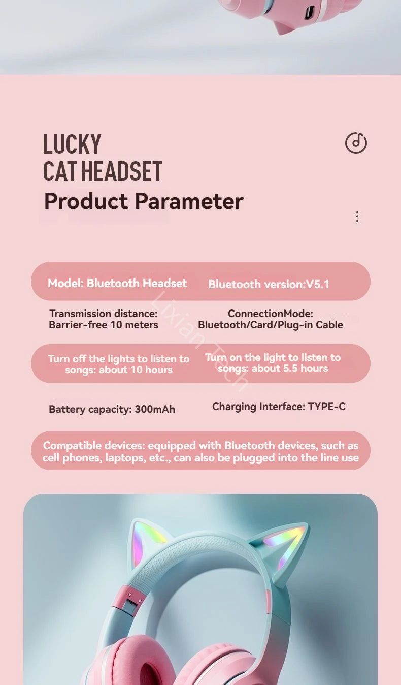 LS Wireless RGB Glow Cat Ear Head Headphones
