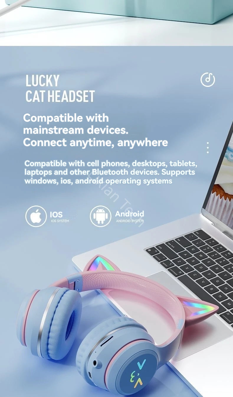 LS Wireless RGB Glow Cat Ear Head Headphones