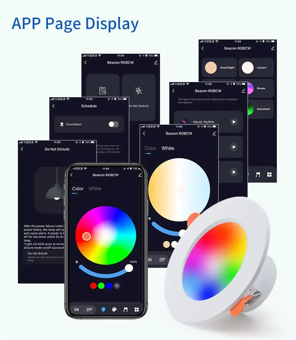 EeeToo Bluetooth LED Downlight – Dimmable RGB + White Light with Remote Control