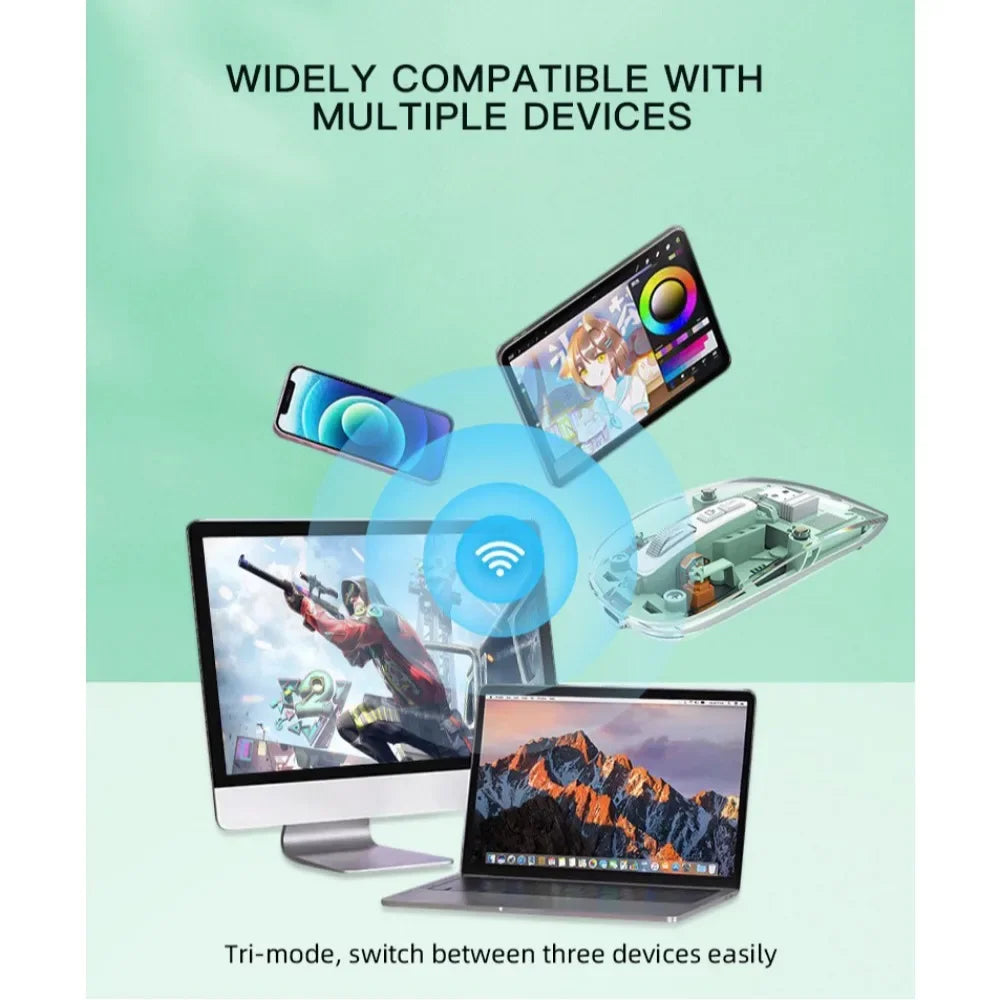 Elite Transparent Tri-Mode Wireless Bluetooth Gaming Mouse – Adjustable DPI & Silent Click