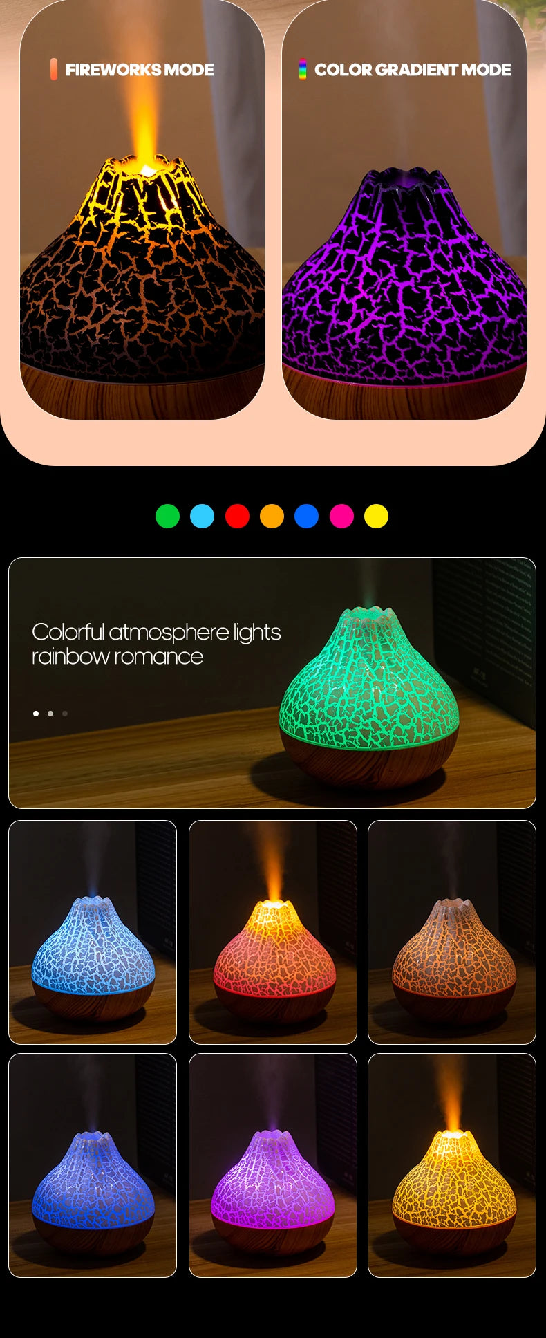 Volcano Air Humidifier with Colourful Ambient Night Light