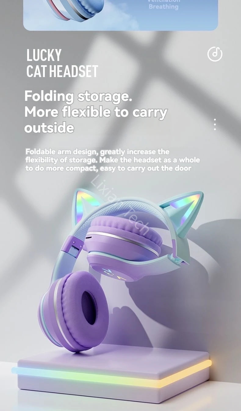 LS Wireless RGB Glow Cat Ear Head Headphones