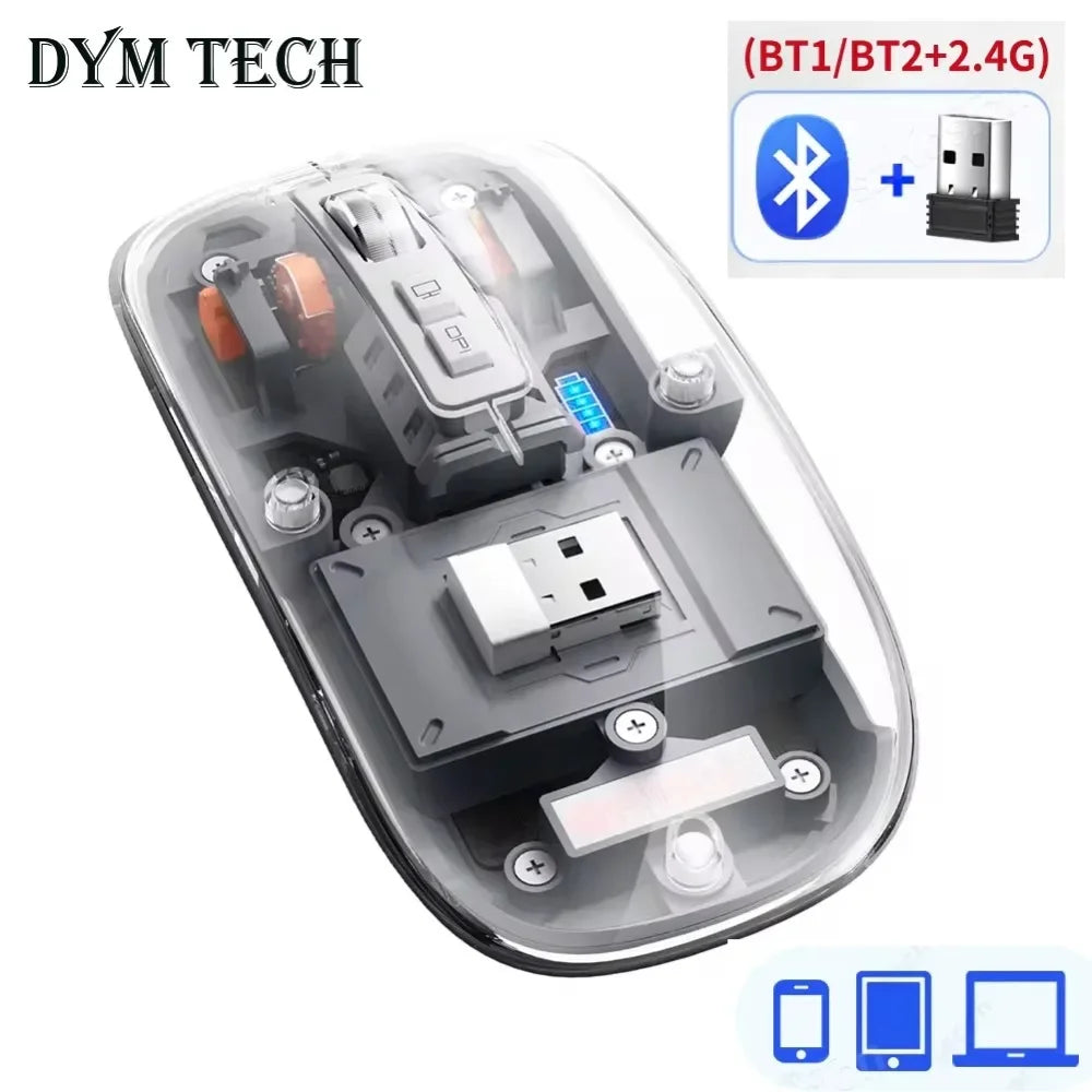 Elite Transparent Tri-Mode Wireless Bluetooth Gaming Mouse – Adjustable DPI & Silent Click