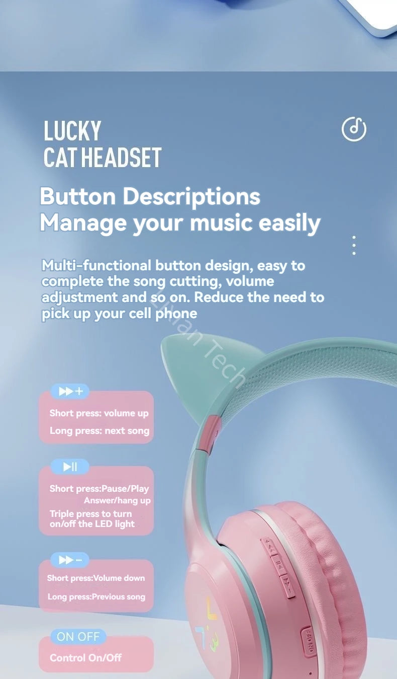 LS Wireless RGB Glow Cat Ear Head Headphones