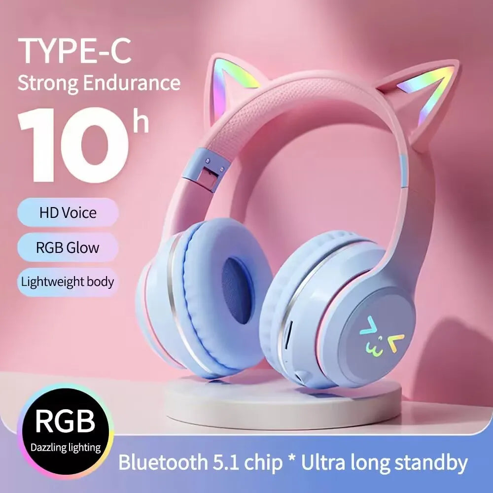 LS Wireless RGB Glow Cat Ear Head Headphones