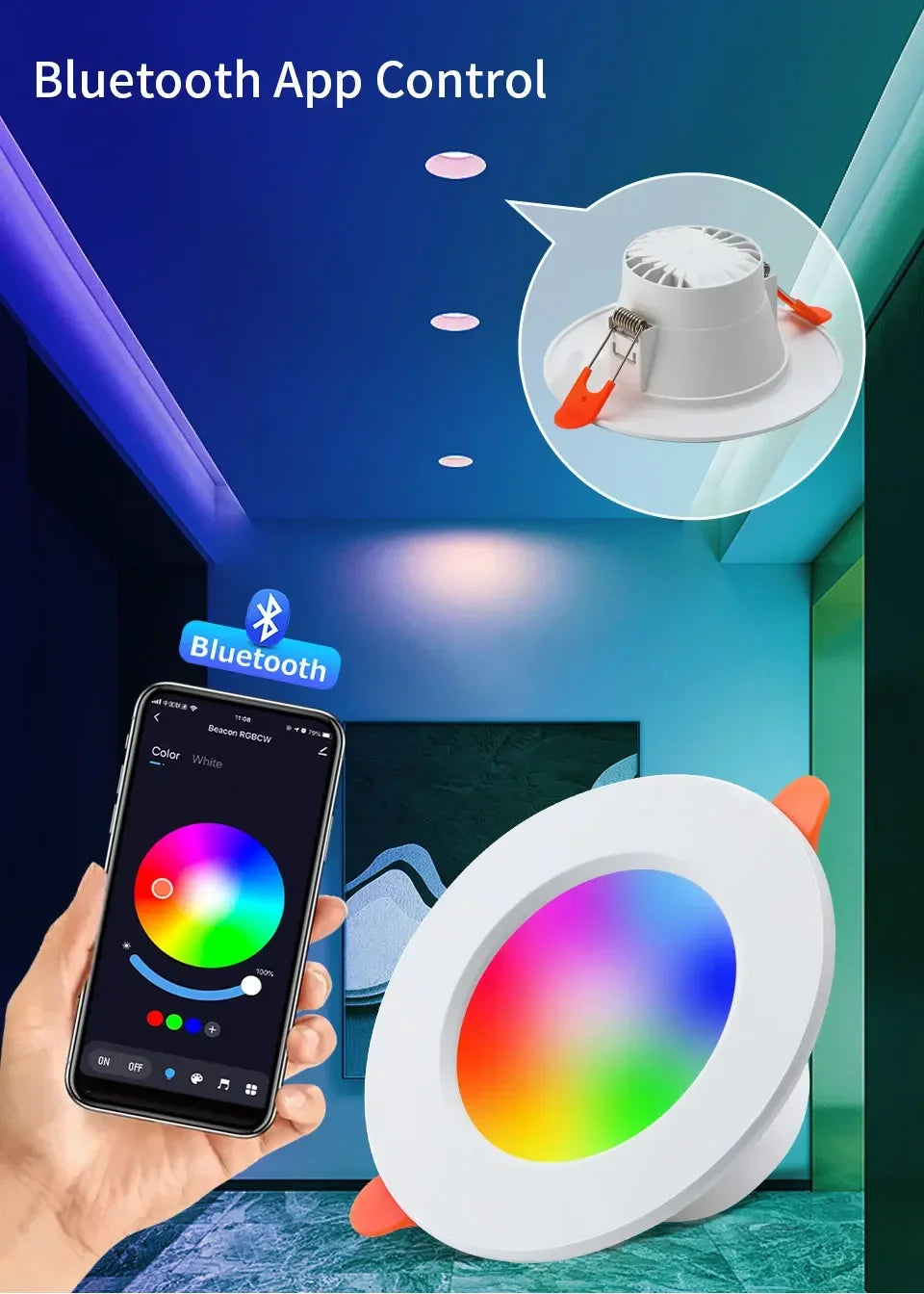 EeeToo Bluetooth LED Downlight – Dimmable RGB + White Light with Remote Control