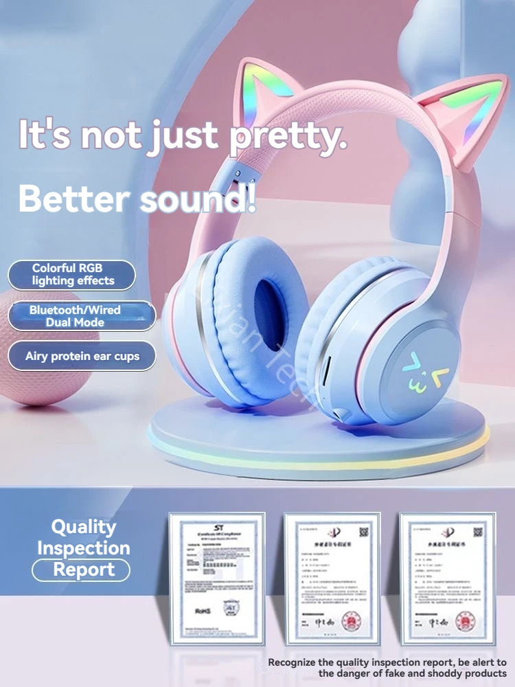 LS Wireless RGB Glow Cat Ear Head Headphones