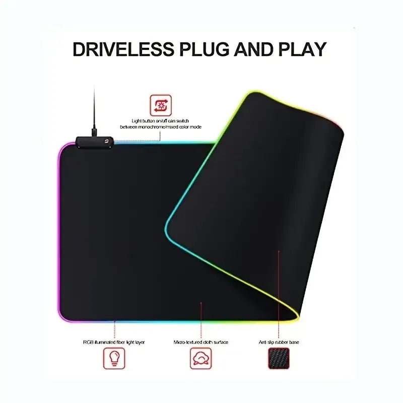 Grand tapis de souris de jeu LED haut de gamme avec modes d'éclairage et contrôle tactile