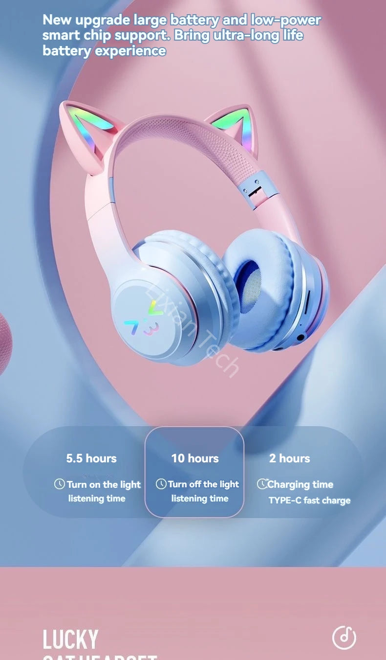 LS Wireless RGB Glow Cat Ear Head Headphones