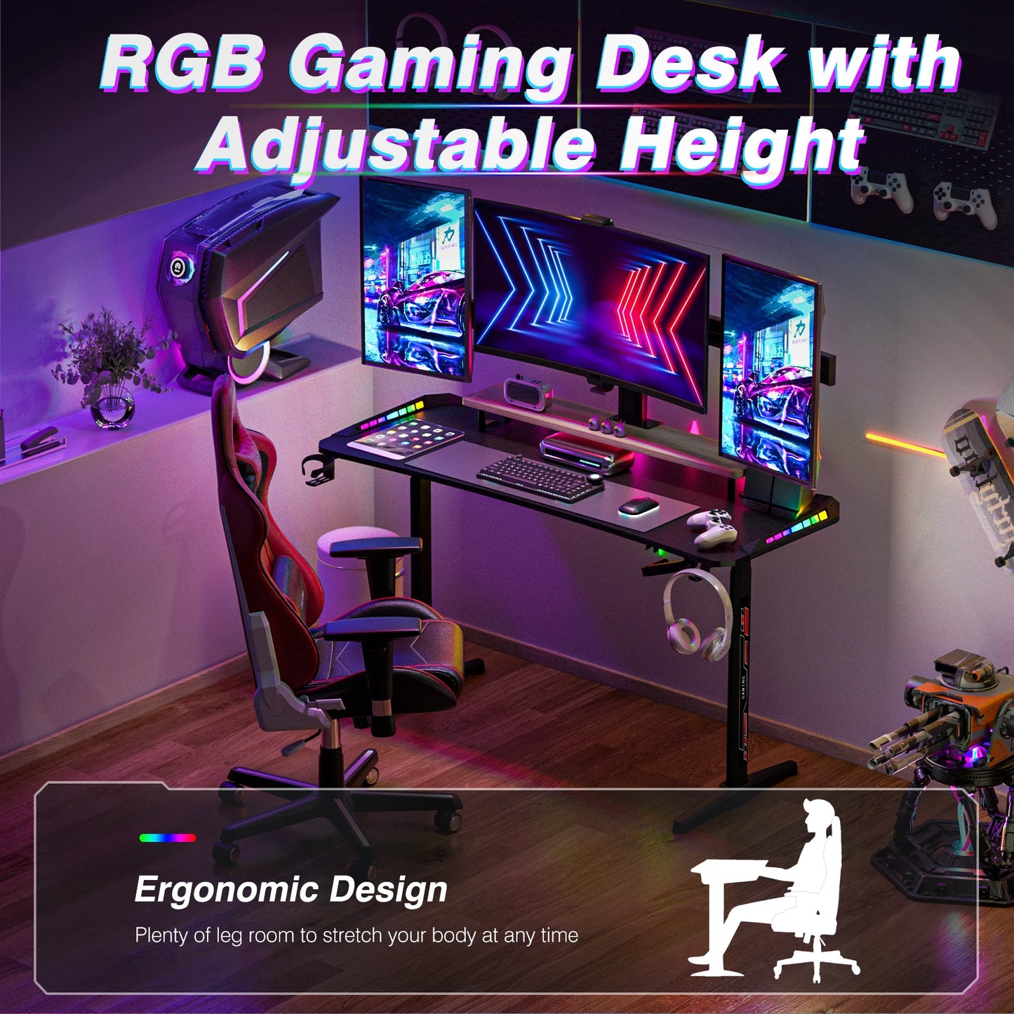 J-ZZ868 Height Adjustable Carbon Fiber Standing Desk Custom Lights