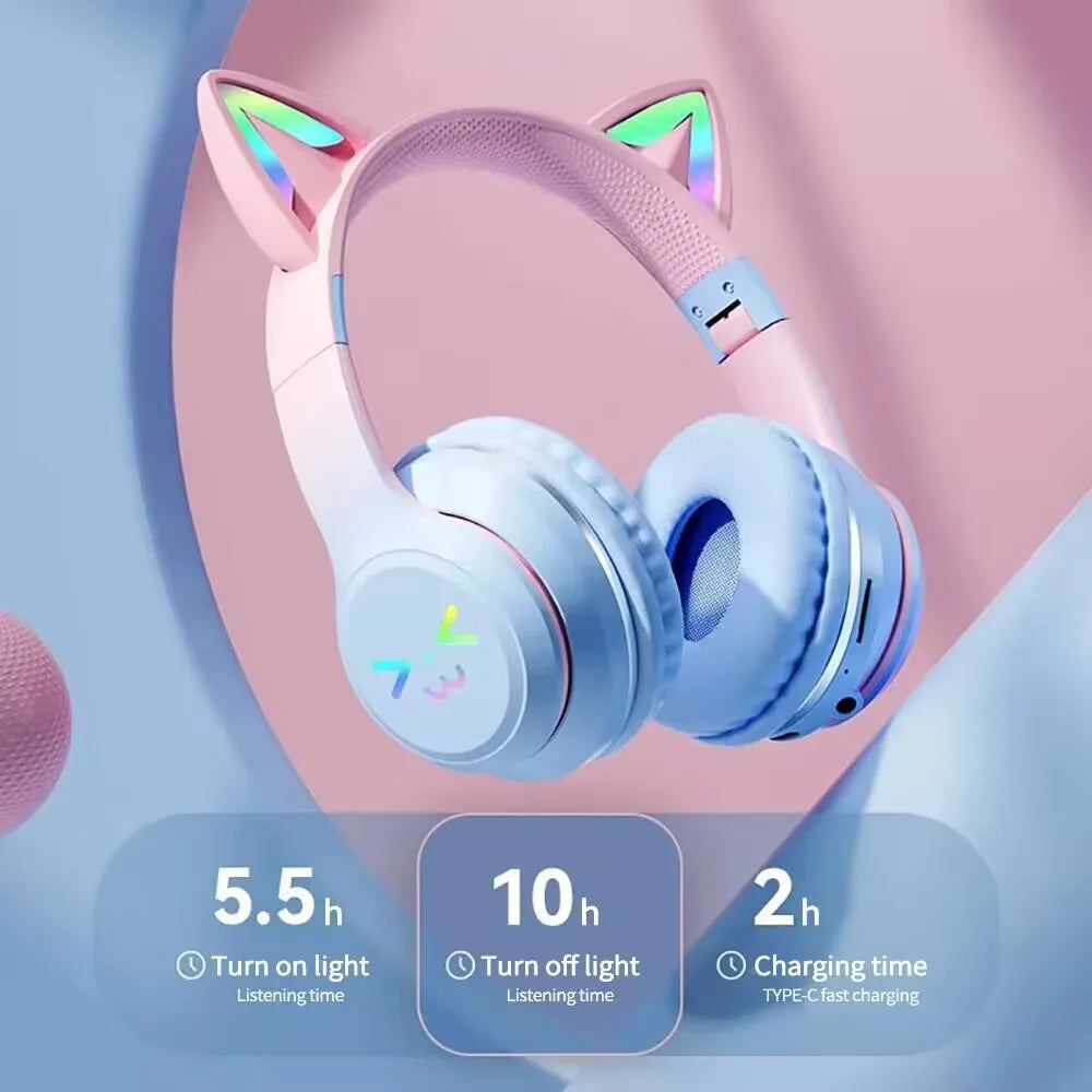 LS Wireless RGB Glow Cat Ear Head Headphones