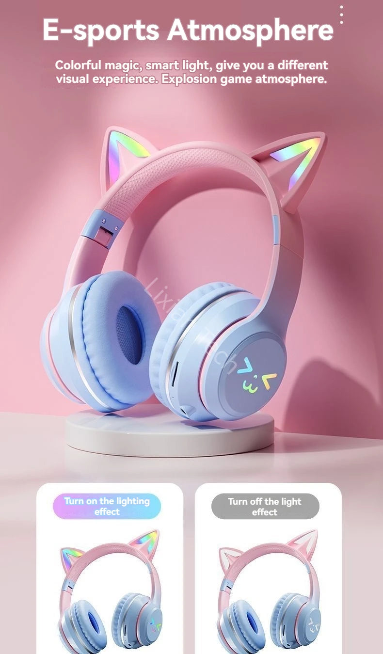 LS Wireless RGB Glow Cat Ear Head Headphones
