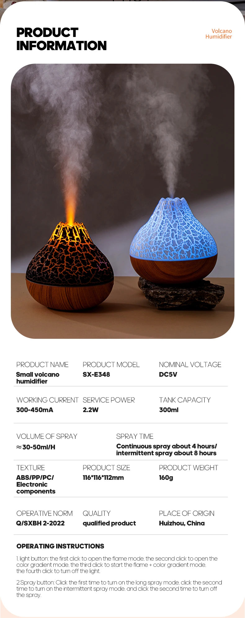 Volcano Air Humidifier with Colourful Ambient Night Light
