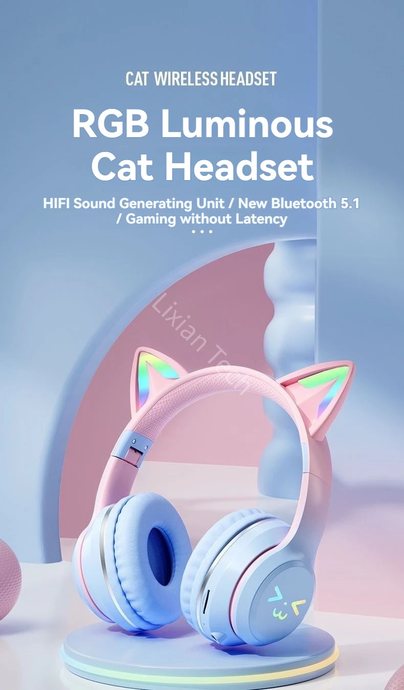 LS Wireless RGB Glow Cat Ear Head Headphones