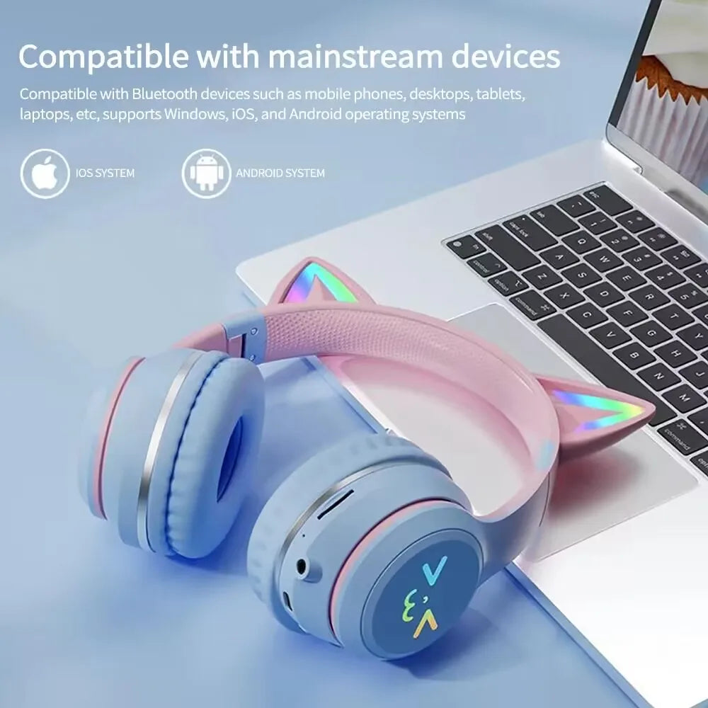 LS Wireless RGB Glow Cat Ear Head Headphones