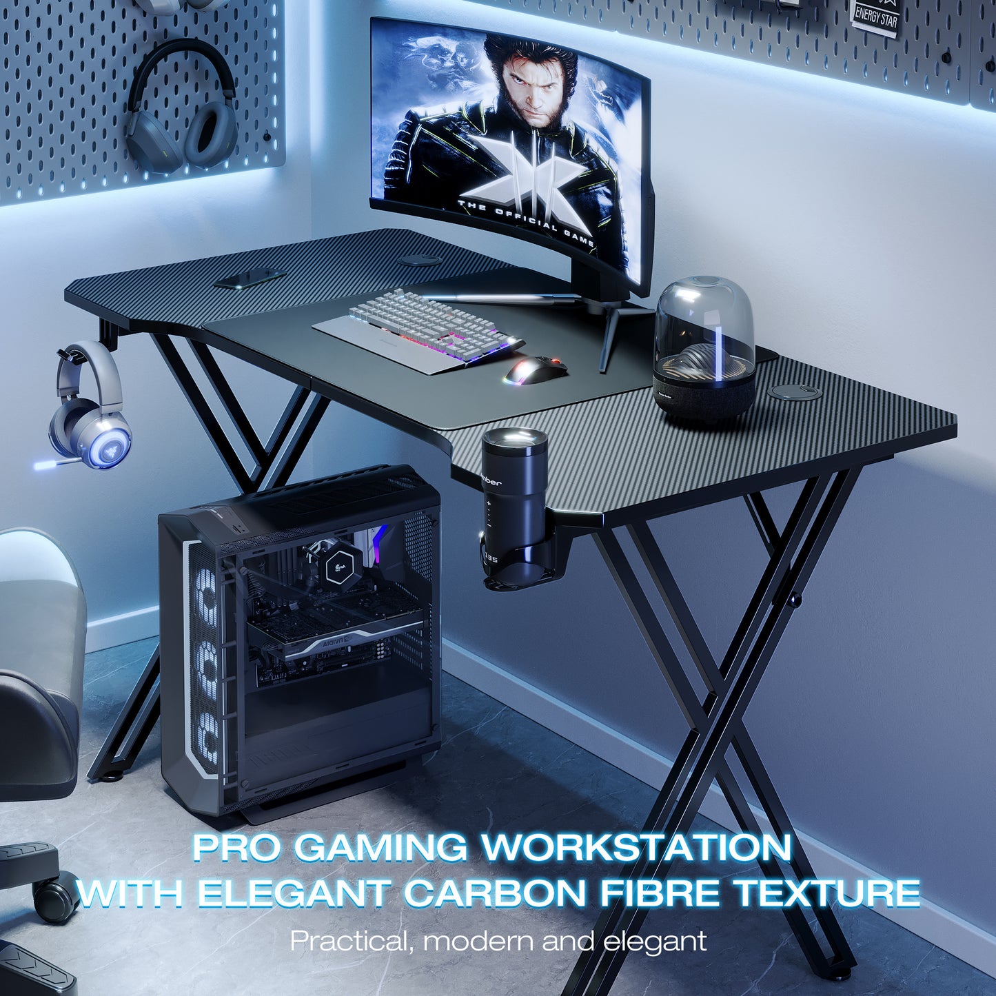 X-Shaped Carbon Fiber Gaming Desk Customise with Custom Lights