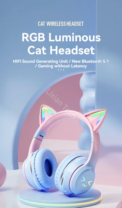 LS Wireless RGB Glow Cat Ear Head Headphones